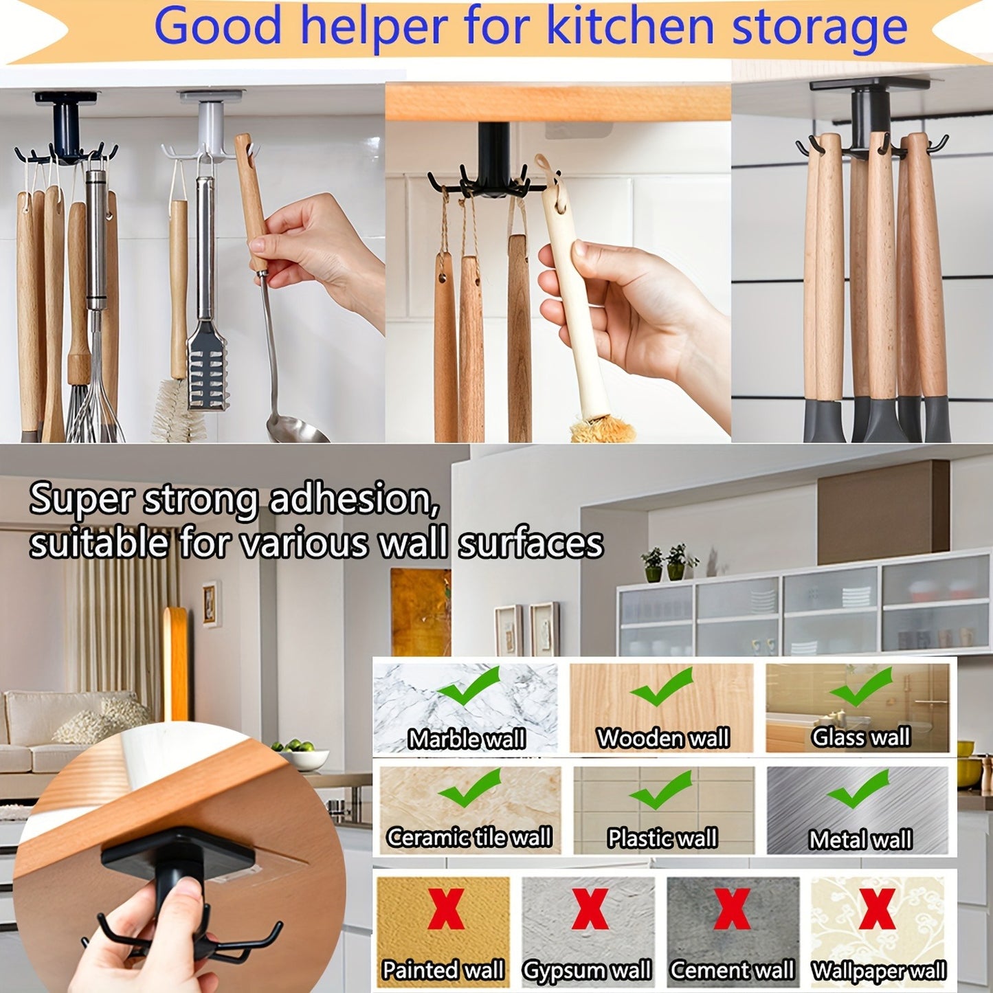 360° Swivel Utility Hook - Self-adhesive Under Cabinet Organizer for Kitchen, Bathroom and Office - Easy to Install, No Drilling Design for Hanging Utensils, Tools, Rags, Keys - Space-saving Storage Solution for Smooth Surfaces