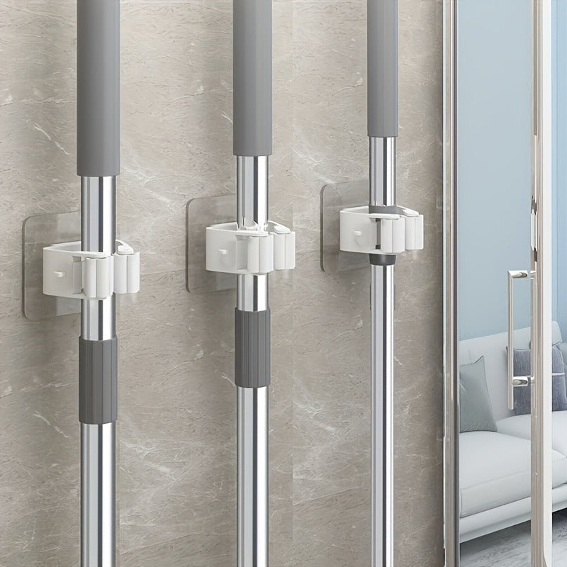 Easy-Install Wall-Mounted Mop & Broom Holder - Strong Adhesive, No-Drill Storage Rack For Home Organization, Utility Hooks