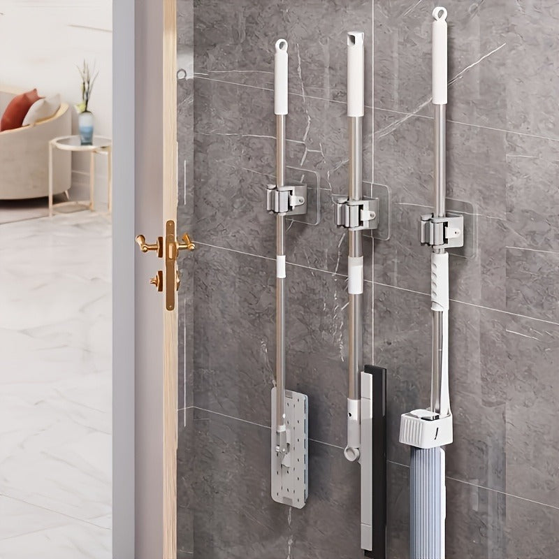 Easy-Install Wall-Mounted Mop & Broom Holder - Strong Adhesive, No-Drill Storage Rack For Home Organization, Utility Hooks