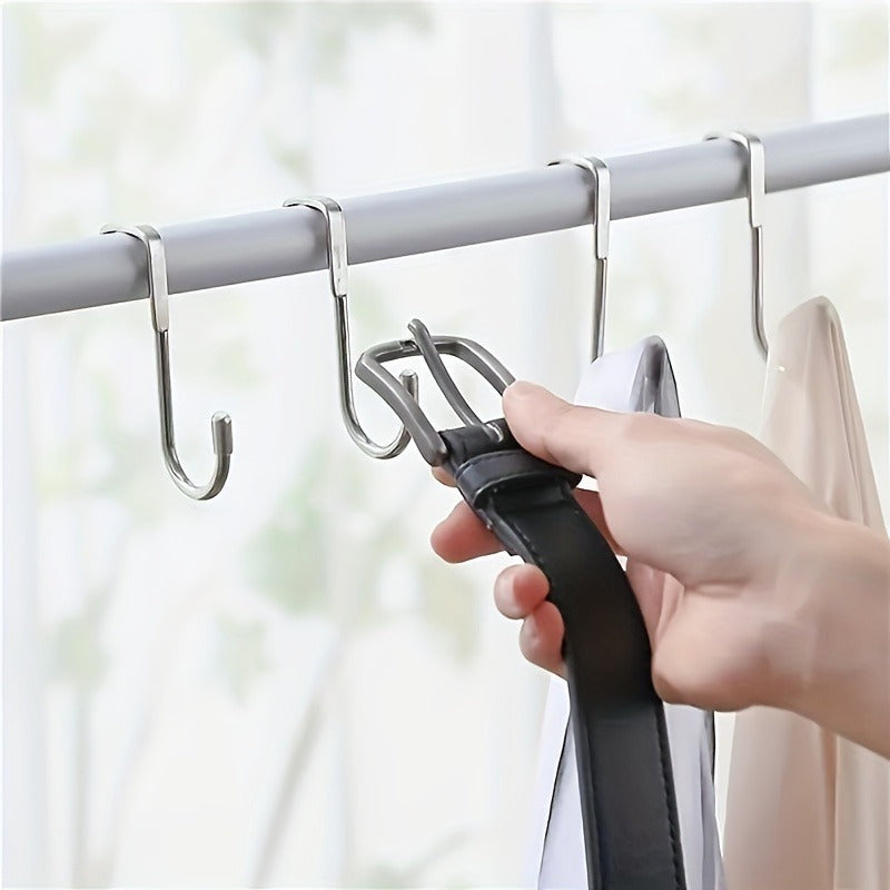2pcs Heavy-Duty Stainless Steel S-Shaped Hooks - Rust-Resistant, No-Drill Easy Installation for Bedroom, Bathroom & Kitchen - Space-Saving Double Door Hangers for Cabinets & Organizers