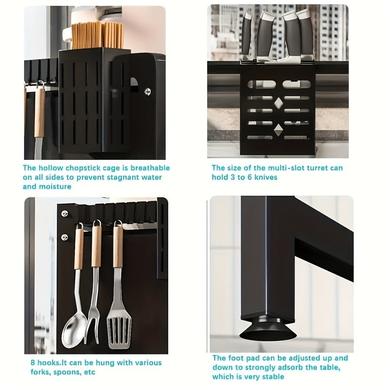 Black Metal Multifunctional Kitchen Storage Rack with Cabinet Door Channel - Space-Saving Organizer for Bowls, Dishes, Cutlery, Cookware, Drip Tray, Towel & Spice Racks, Sink Storage Solution, Kitchen Organizers And Storage