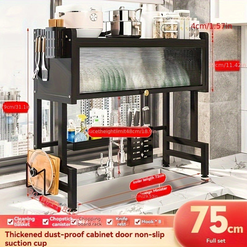 Black Metal Multifunctional Kitchen Storage Rack with Cabinet Door Channel - Space-Saving Organizer for Bowls, Dishes, Cutlery, Cookware, Drip Tray, Towel & Spice Racks, Sink Storage Solution, Kitchen Organizers And Storage