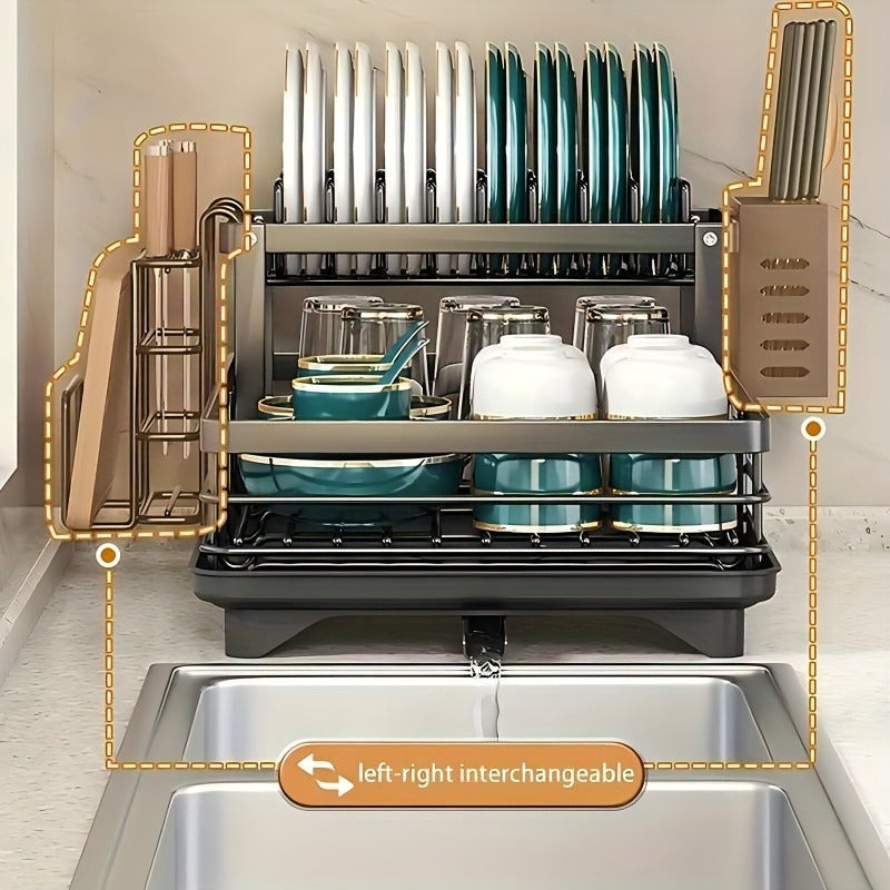 Dish Drying Rack, 2-Tier Dish Racks For Kitchen Counter, Dish Rack With Drainboard & Mat, Dish Drainer With Knife, Fork & Cup Rack, Gifts For Women, Mothers Day, Cool Stuff & Kitchen Gadgets
