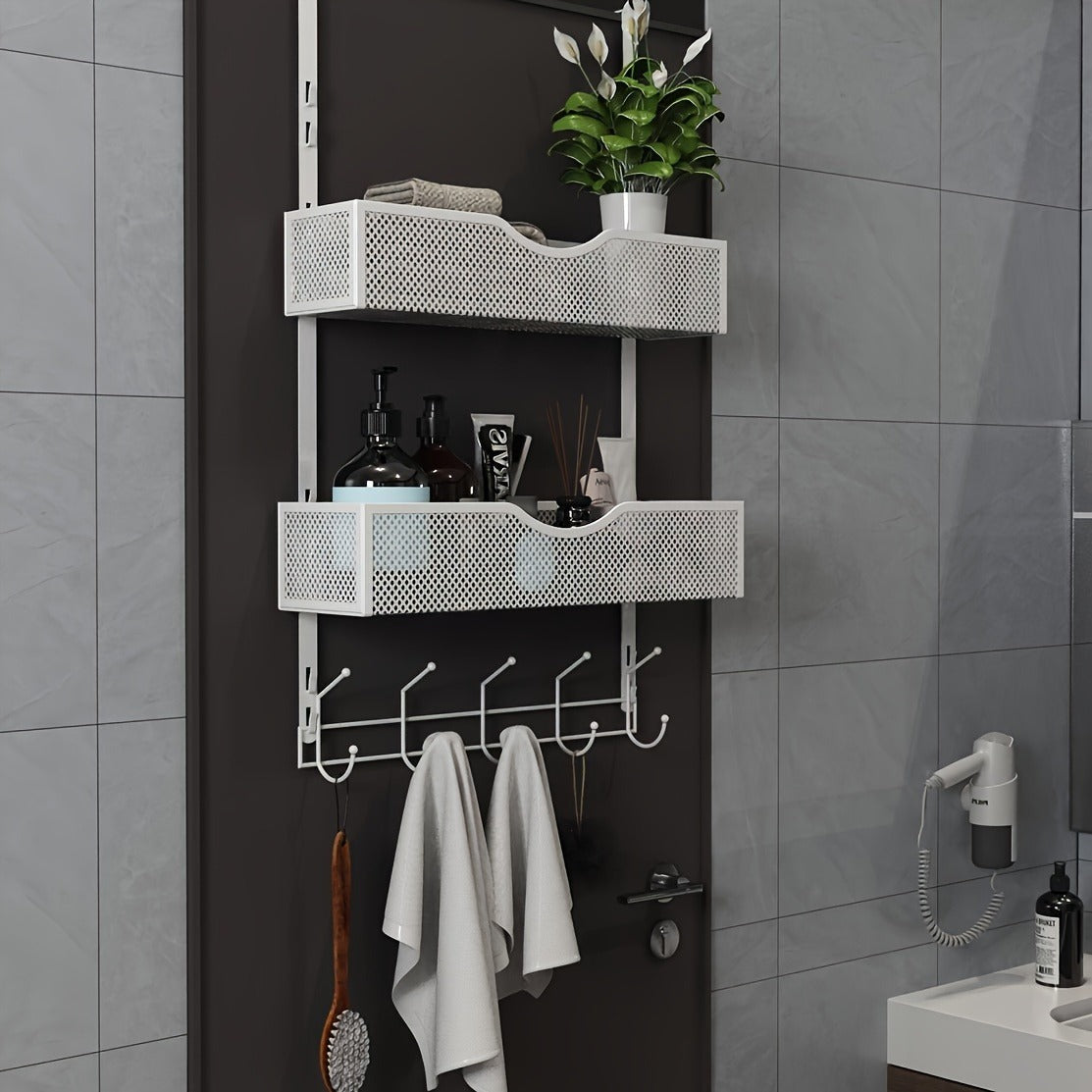 2-Tier Iron Over-the-Door Storage Rack with Hooks and Mesh Baskets for Bathroom, Bedroom, Kitchen, Office, Industrial & Commercial Cleaning