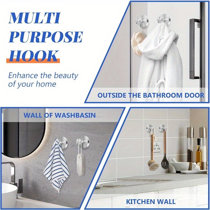 Suction Cup Hooks for Shower Rooms, Bathrooms, Glass Doors, Mirrors, Kitchen Tiles, Loofahs, Towels, Coats, Drill-Free Bathrobe Hooks, Can Hang Items up to 15 Pounds, Removable Wall Hooks, Brushed Silver, 2 Pack