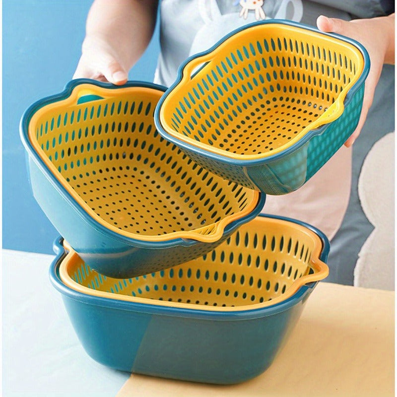 [Plastic Drainer Basket], Double-layer Plastic Drainer Basket, Reusable Household Drainer Basket, Suitable for Kitchen, Fruits and Vegetables, Multi-purpose for Living Room, Bedroom, Bathroom, Terrace - No Electricity Required
