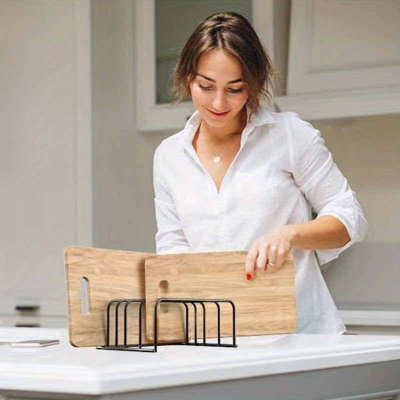LDQ Kitchen Organizer for Cutting Boards and Cooling Racks - Durable black metal bakeware storage solution, countertop cabinet storage, compact design for easy access, kitchen organization and storage