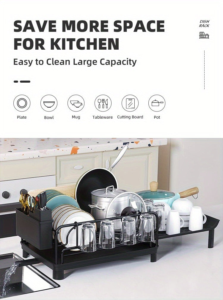 [Retractable rust-proof dish rack] Retractable dish rack, large dish drying rack, kitchen countertop multi-purpose dish rack, rust-proof drying dish rack with cutlery cup rack