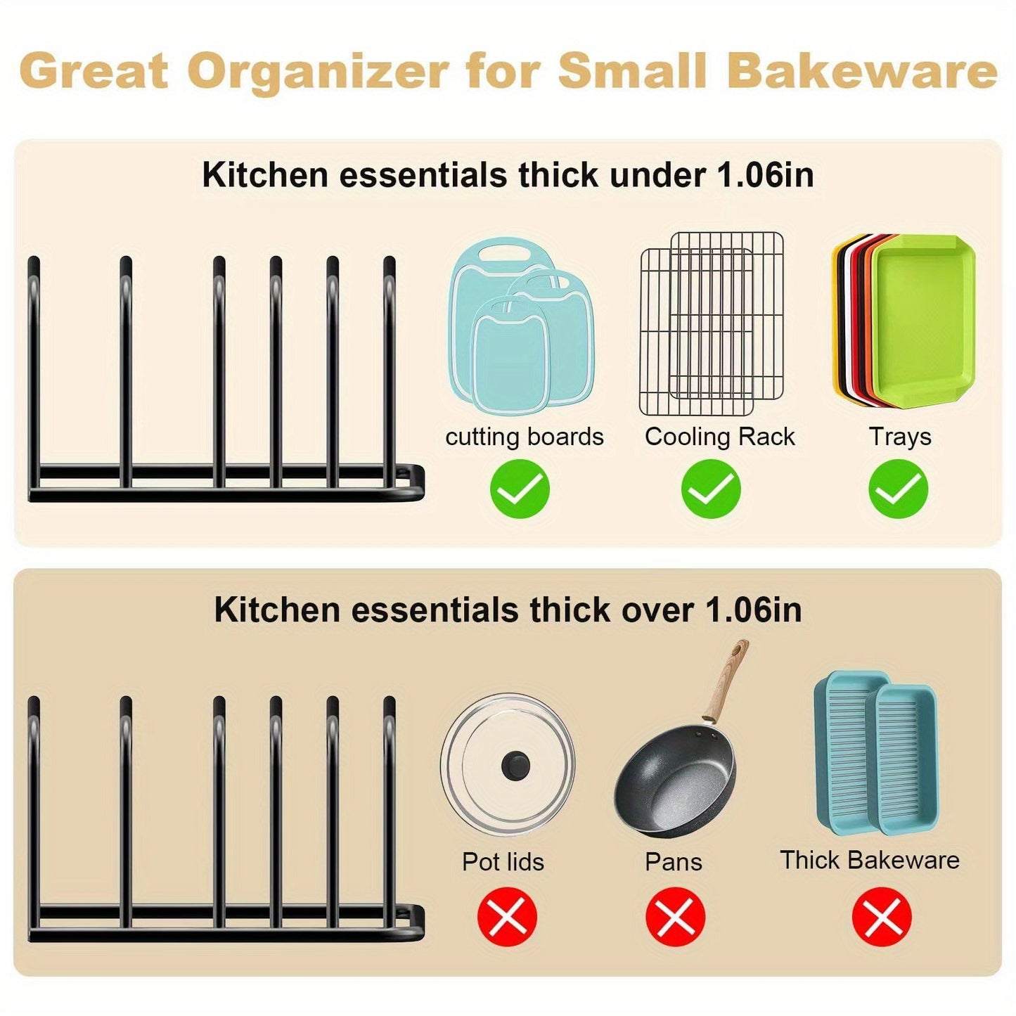 LDQ Kitchen Organizer for Cutting Boards and Cooling Racks - Durable black metal bakeware storage solution, countertop cabinet storage, compact design for easy access, kitchen organization and storage