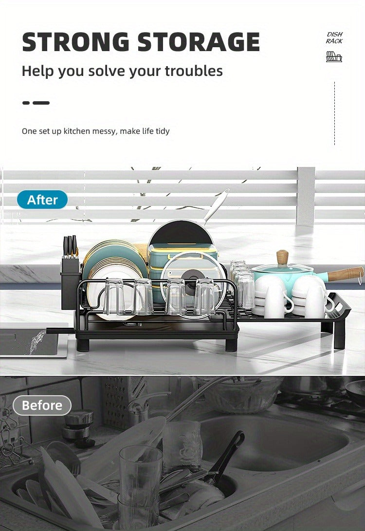 [Retractable rust-proof dish rack] Retractable dish rack, large dish drying rack, kitchen countertop multi-purpose dish rack, rust-proof drying dish rack with cutlery cup rack