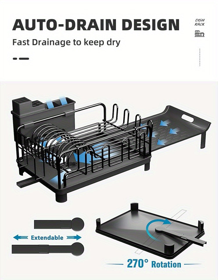[Retractable rust-proof dish rack] Retractable dish rack, large dish drying rack, kitchen countertop multi-purpose dish rack, rust-proof drying dish rack with cutlery cup rack