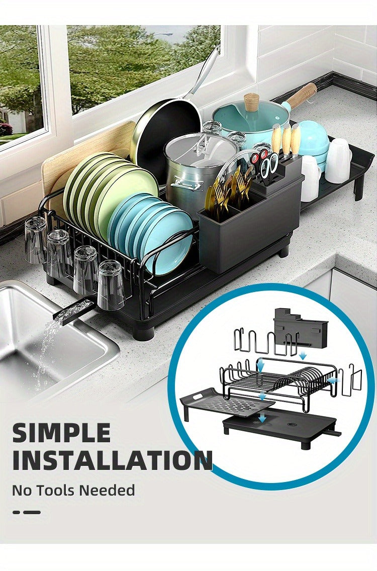 [Retractable rust-proof dish rack] Retractable dish rack, large dish drying rack, kitchen countertop multi-purpose dish rack, rust-proof drying dish rack with cutlery cup rack