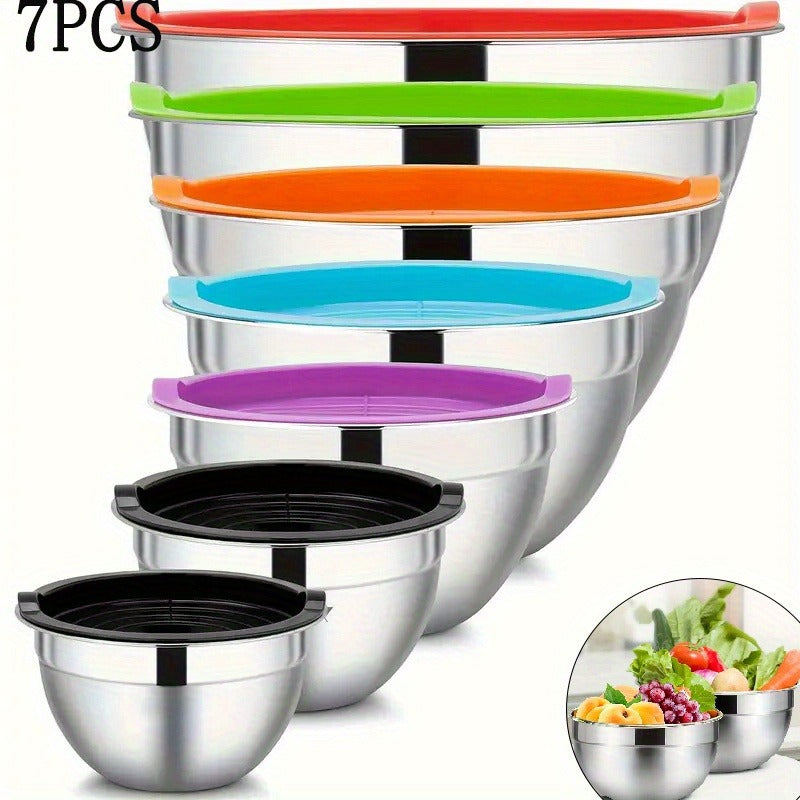 [Mixing Bowl | Stainless Steel] 7pcs Stainless Steel The Mixing Bowl with Cover | Used in The Kitchen, Suit for Baking, Preparing, Cooking and Serving Food, and Can Save Space