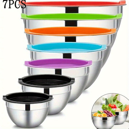 [Mixing Bowl | Stainless Steel] 7pcs Stainless Steel The Mixing Bowl with Cover | Used in The Kitchen, Suit for Baking, Preparing, Cooking and Serving Food, and Can Save Space