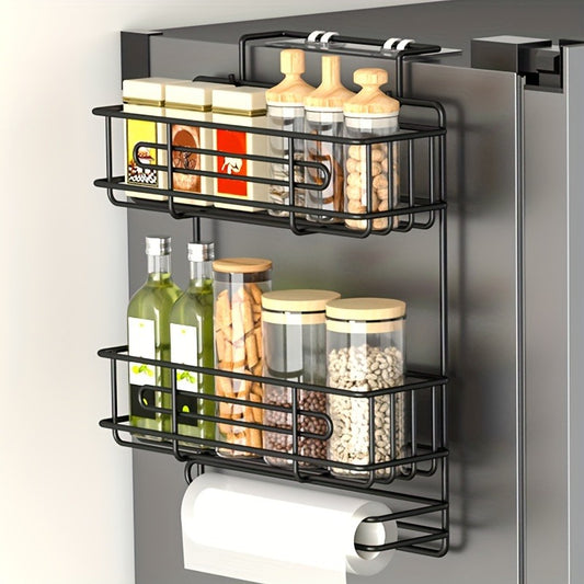 3-Tier Black Metal Refrigerator Organizer Rack - Space-Saving Spice, Condiment & Paper Towel Holder for Kitchen Storage, Durable Fridge Shelf with Side Mount Design