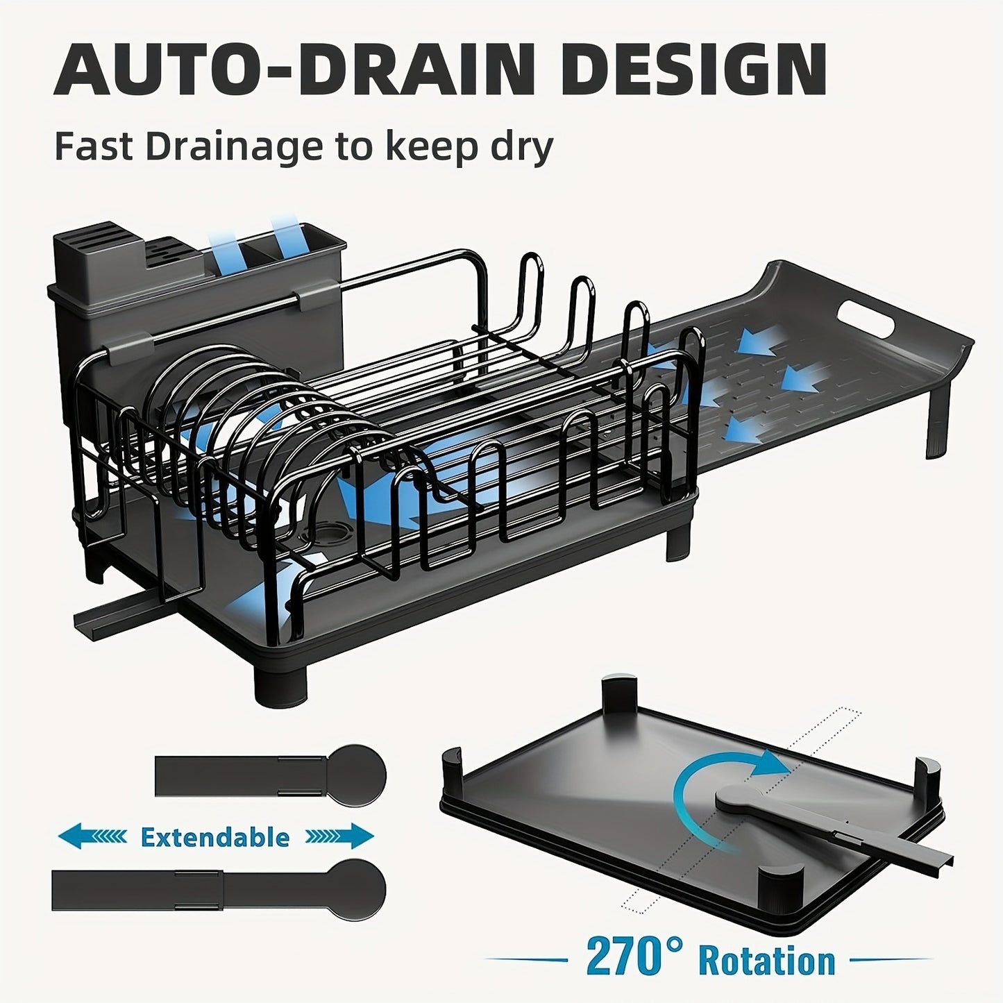 [Retractable rust-proof dish rack] Retractable dish rack, large dish drying rack, kitchen countertop multi-purpose dish rack, rust-proof drying dish rack with cutlery cup rack