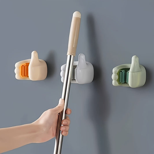 3 Pieces Wall Mounted Mop and Broom Holder Clips, No Drilling Required, Strong Adhesive, Light Green, White and Beige Stylish Plastic Design, Bathroom and Kitchen Storage Rack