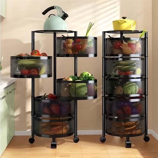 3-Tier Round Metal Kitchen Storage Rack with Wheels - Black Retro Style Movable Multi-Layer Organizer for Fruits, Vegetables, Snacks, and More - Space-Saving Countertop or Stove Side Storage Solution, Kitchen Organizers And Storage
