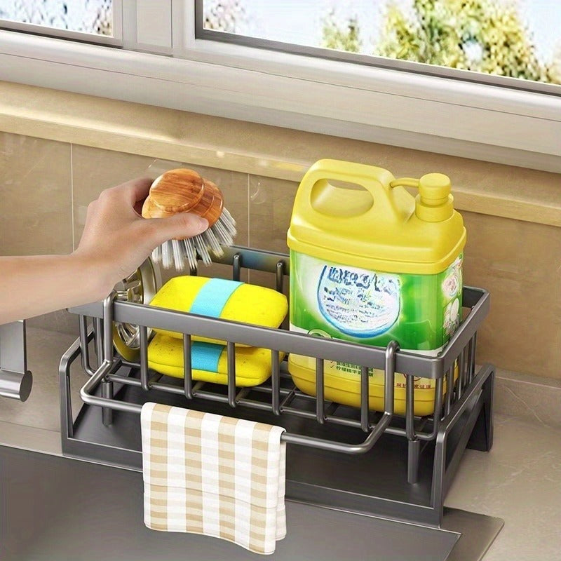 Kitchen Sink Storage Rack - Organizer for Sponges, Soap, Brushes, Towels, and Cloths - Durable Plastic with Drain Tray - Ideal for Kitchen Supplies Storage, Kitchen Sink Accessories