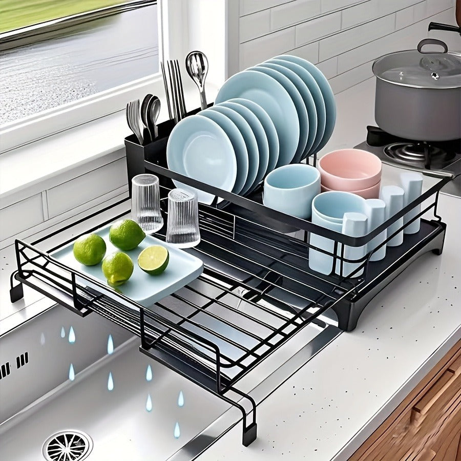 2-in-1 Expandable Rust-Resistant Metal Dish Drying Rack With Pan Slotså Utensil Holder, And Drainboard For Space-Saving Kitchen Counter And Sink Organization, Dish Rack For Kitchen Counter, Dish Drying Rack Over Sink