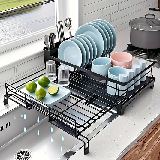 2-in-1 Expandable Rust-Resistant Metal Dish Drying Rack With Pan Slotså Utensil Holder, And Drainboard For Space-Saving Kitchen Counter And Sink Organization, Dish Rack For Kitchen Counter, Dish Drying Rack Over Sink