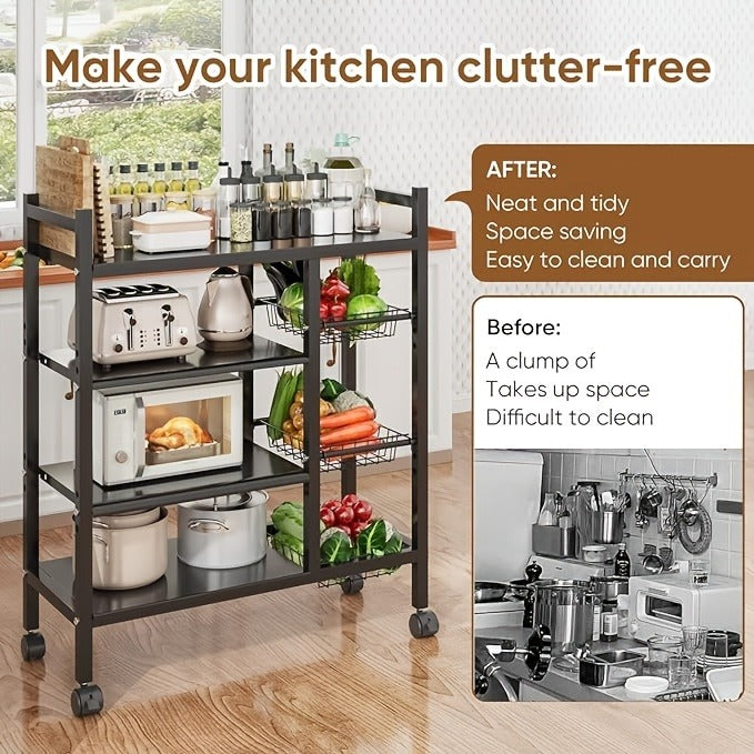 Four Tier, Three Basket, Mesh Basket Display Rack with Universal Roller Slides for Easy Cleaning And Storage, Vegetable Basket Organizer, Kitchen Display Rack, Useful Display Rack for Organizing Supplies, Vertical Shelves, Commercial Easter decorations