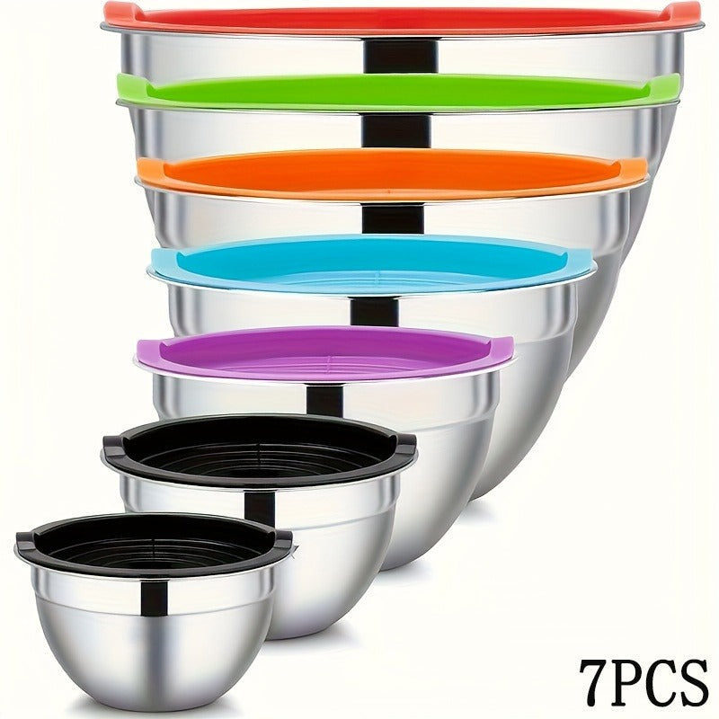 [Mixing Bowl | Stainless Steel] 7pcs Stainless Steel The Mixing Bowl with Cover | Used in The Kitchen, Suit for Baking, Preparing, Cooking and Serving Food, and Can Save Space