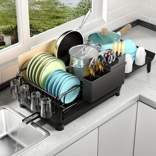 [Retractable rust-proof dish rack] Retractable dish rack, large dish drying rack, kitchen countertop multi-purpose dish rack, rust-proof drying dish rack with cutlery cup rack
