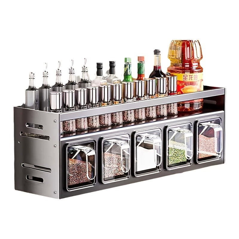 Wall-Mounted Spice Organizer Set - Durable Aluminum, Easy No-Drill Installation | Includes Seasoning Containers & Canisters for Kitchen