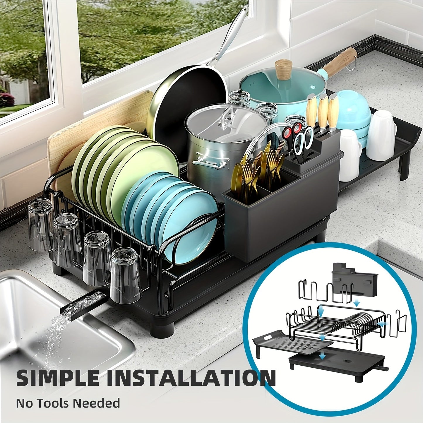 [Retractable rust-proof dish rack] Retractable dish rack, large dish drying rack, kitchen countertop multi-purpose dish rack, rust-proof drying dish rack with cutlery cup rack