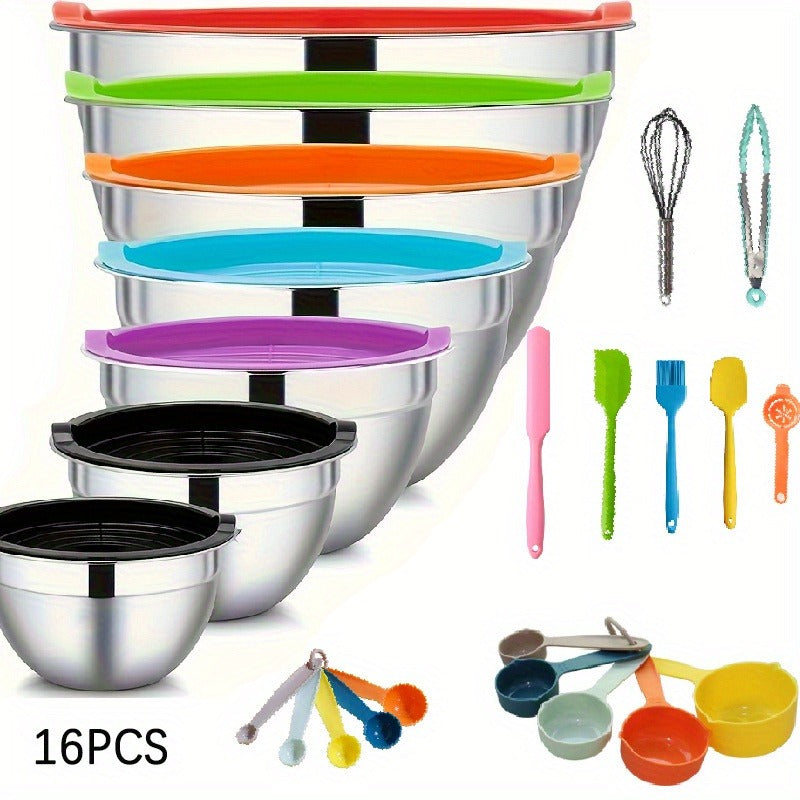 [Mixing Bowl | Stainless Steel] 7pcs Stainless Steel The Mixing Bowl with Cover | Used in The Kitchen, Suit for Baking, Preparing, Cooking and Serving Food, and Can Save Space