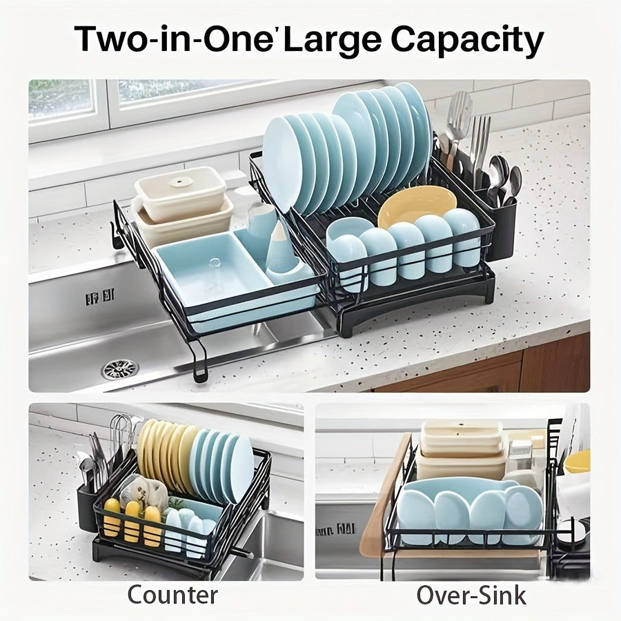 2-in-1 Expandable Rust-Resistant Metal Dish Drying Rack With Pan Slotså Utensil Holder, And Drainboard For Space-Saving Kitchen Counter And Sink Organization, Dish Rack For Kitchen Counter, Dish Drying Rack Over Sink