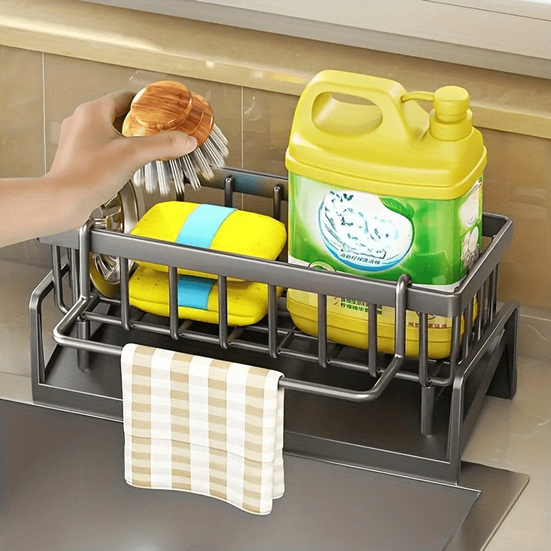 Kitchen Sink Storage Rack - Organizer for Sponges, Soap, Brushes, Towels, and Cloths - Durable Plastic with Drain Tray - Ideal for Kitchen Supplies Storage, Kitchen Sink Accessories