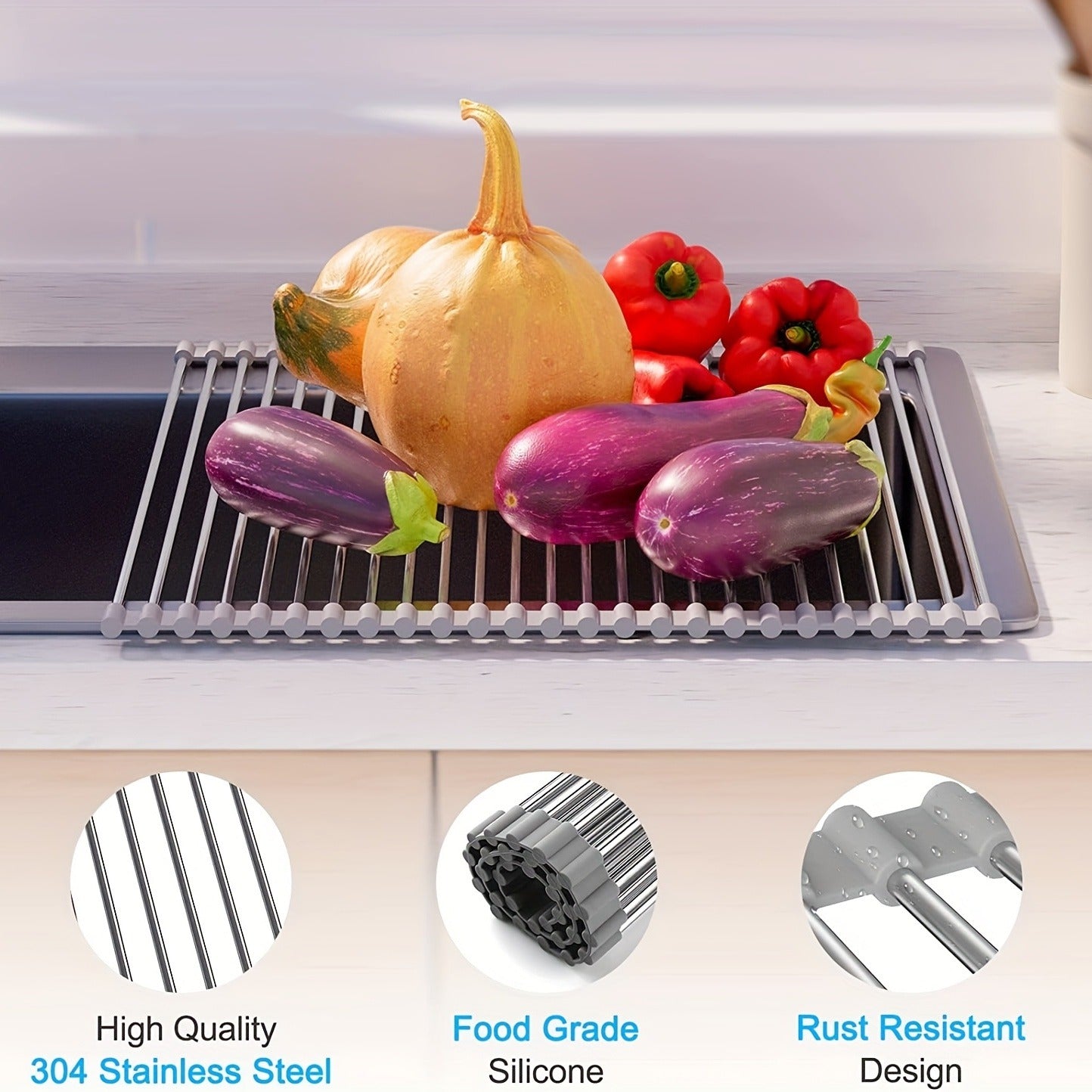 The Silicone Sink Organizer combines the functions of draining, washing vegetables and storing in one. It is made of heat-resistant material and can be rolled up. Easily deal with the mess of the kitchen sink and make cookies easily.
