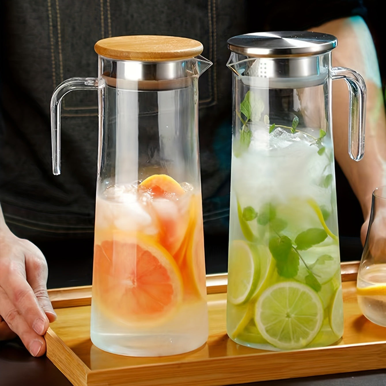 Heavy Duty 1pc Water Pitcher With Lid - 37.1oz/54.1oz Stainless Steel or Wooden Lid - For Juice, Bubble Tea, Summer Drinkware, Kitchen Stuff, Home Kitchen Items, Birthday Gifts