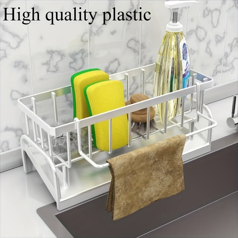 Kitchen Sink Storage Rack - Organizer for Sponges, Soap, Brushes, Towels, and Cloths - Durable Plastic with Drain Tray - Ideal for Kitchen Supplies Storage, Kitchen Sink Accessories