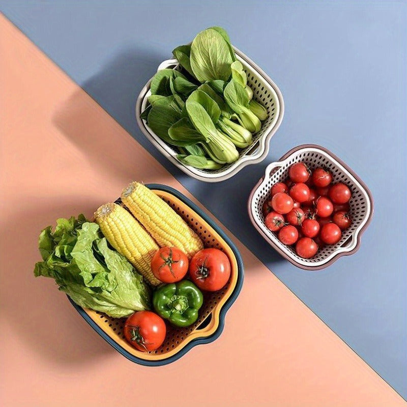 [Plastic Drainer Basket], Double-layer Plastic Drainer Basket, Reusable Household Drainer Basket, Suitable for Kitchen, Fruits and Vegetables, Multi-purpose for Living Room, Bedroom, Bathroom, Terrace - No Electricity Required