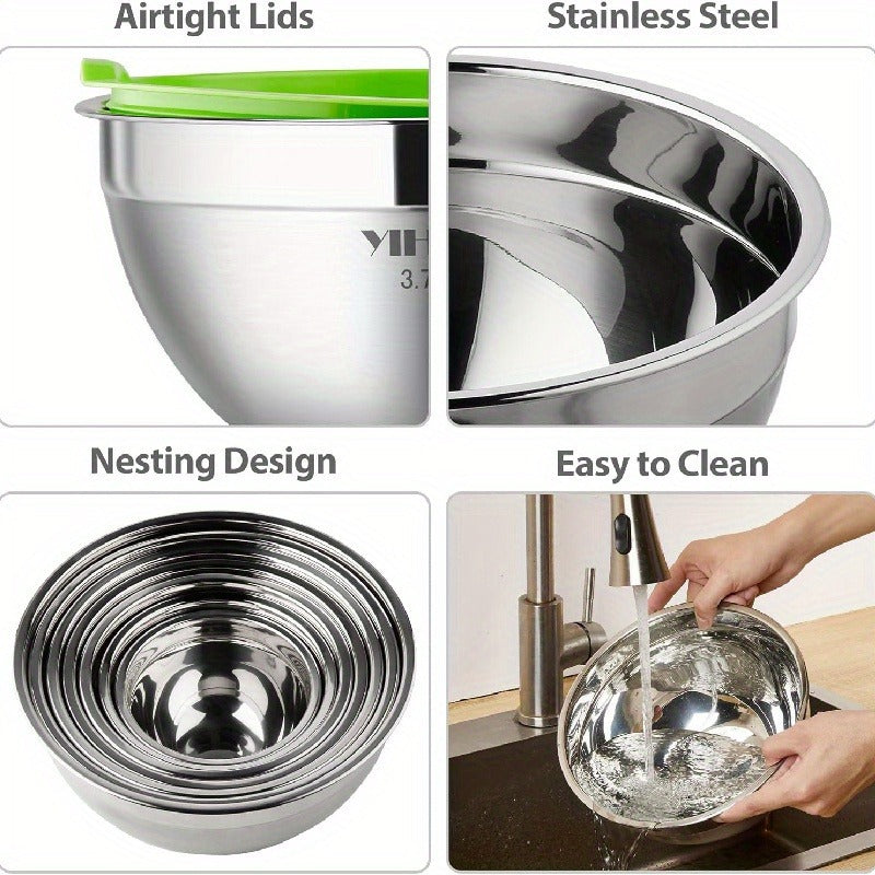 [Mixing Bowl | Stainless Steel] 7pcs Stainless Steel The Mixing Bowl with Cover | Used in The Kitchen, Suit for Baking, Preparing, Cooking and Serving Food, and Can Save Space