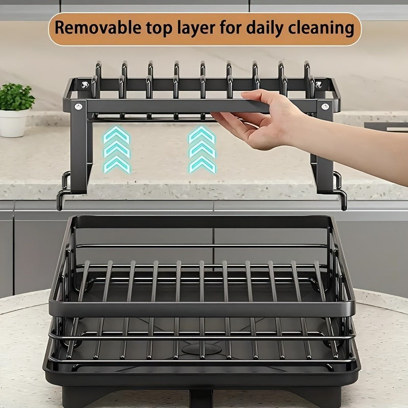 Dish Drying Rack, 2-Tier Dish Racks For Kitchen Counter, Dish Rack With Drainboard & Mat, Dish Drainer With Knife, Fork & Cup Rack, Gifts For Women, Mothers Day, Cool Stuff & Kitchen Gadgets