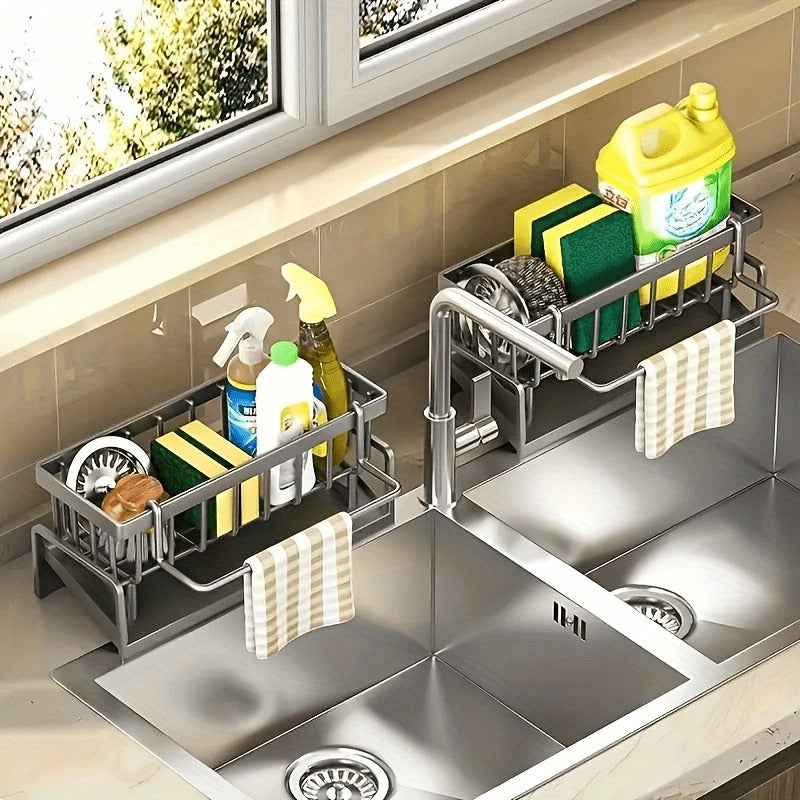 Kitchen Sink Storage Rack - Organizer for Sponges, Soap, Brushes, Towels, and Cloths - Durable Plastic with Drain Tray - Ideal for Kitchen Supplies Storage, Kitchen Sink Accessories