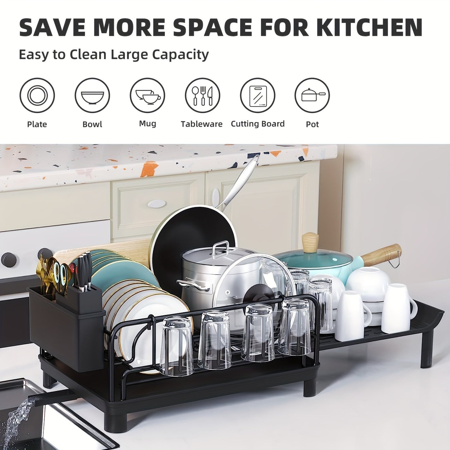 [Retractable rust-proof dish rack] Retractable dish rack, large dish drying rack, kitchen countertop multi-purpose dish rack, rust-proof drying dish rack with cutlery cup rack