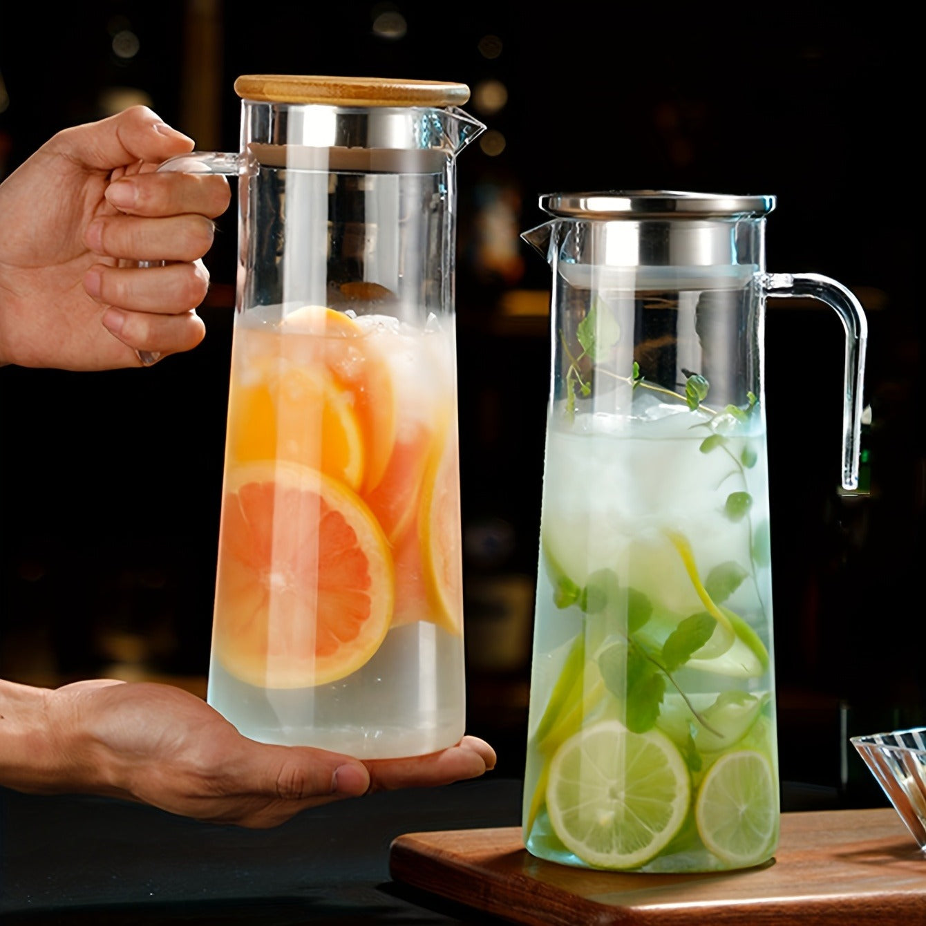 Heavy Duty 1pc Water Pitcher With Lid - 37.1oz/54.1oz Stainless Steel or Wooden Lid - For Juice, Bubble Tea, Summer Drinkware, Kitchen Stuff, Home Kitchen Items, Birthday Gifts