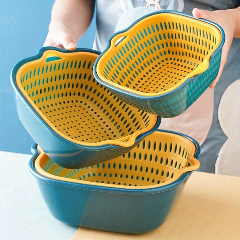 [Plastic Drainer Basket], Double-layer Plastic Drainer Basket, Reusable Household Drainer Basket, Suitable for Kitchen, Fruits and Vegetables, Multi-purpose for Living Room, Bedroom, Bathroom, Terrace - No Electricity Required