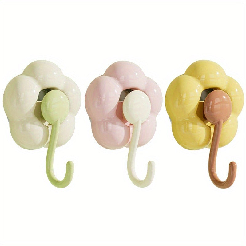 3 Pieces Sunflower Suction Cup Hooks - No Drilling Required, Traceless Wall Hooks, Strong Adhesion, Durable Plastic, Multi-Purpose, Suitable for Kitchen, Bathroom, Living Room, Bright Yellow Pink Green Flower Decoration, Practical Hooks